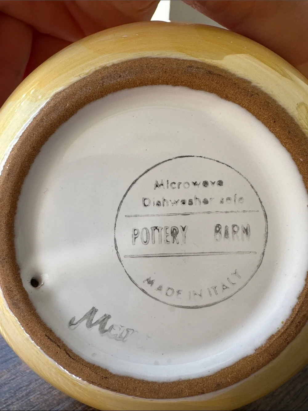 Pottery Barn Yellow and White Ceramic Bowl with Green Trim(one),Made in Italy